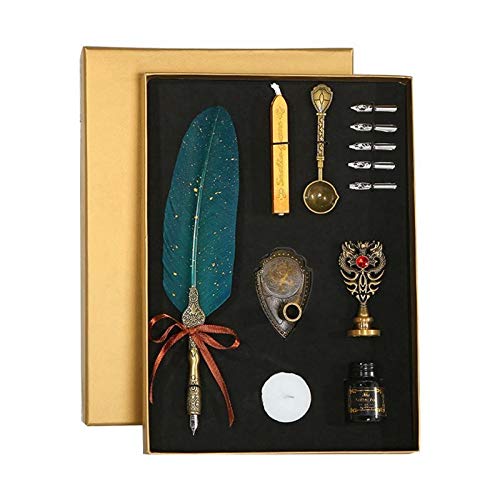 Sprinkle Gold Luxury Retro Feather Pen Dip Calligraphy Calligraphy Pen Writing Ink 5 Nib Set Stationery Gift Box (Color : Green) #TOP5