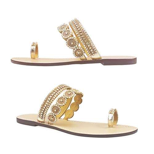 Image of Women's Rhinestone Flat Sandals, Women Flip Flops with Clip Toe RingBeadeed Rhinestone Crystal Jeweled Sandal Shoes for Summer Beach Oceanside Holiday Outdoor