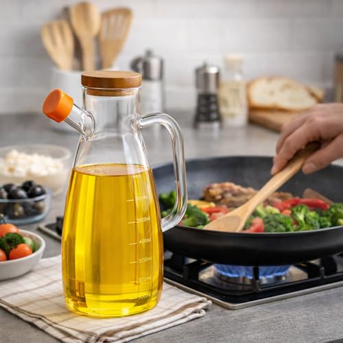 Image of 1000ml Glass Oil Dispenser Stoppers Bottle Spout free Glass Oil Bottle Cooking Oil Dispenser with Handle Pack of 1 Oil Bottle (1000ml wooden lid)