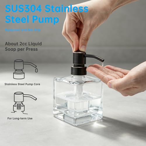 Image of Square Bathroom Soap Dispenser Oil Rubbed Bronze, Glass Bottles with Stainless Steel Pump Retangle Cube Liquid Soap Dispenser Hand Kitchen with Waterproof Lables