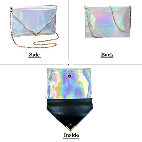 Sherry Large Shoulder Bag Women Holographic Envelope Clutch Handbag Chain Crossbody Bag Tote Purse (Silver)