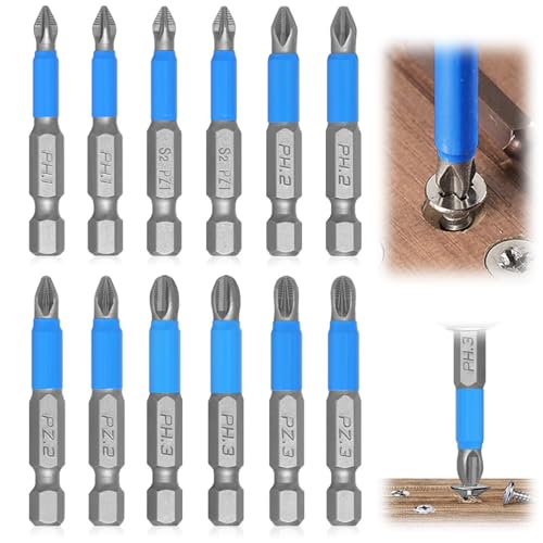 12 Pcs Screwdriver Bit Set, Magnetic Screw Driver Power Drill Bit, Electric Hand Drill Tool Accessory, for Screwdrivers Drill, 50mm (PZ1, PZ2, PZ3, PH1, PH2, PH3)