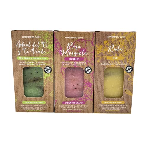 Jabon de Ruda, Árbol de Té y Rosa de mosqueta | Jabones para regalar | Jabón de Manos, Cuerpo y Cara | Pastilla Jabón Ecológica Artesanal | Fabricado en España | 100g