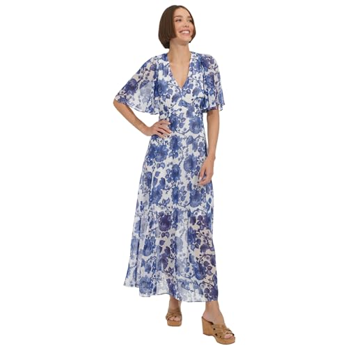 Image of Tommy Hilfiger Women's Elbow Sleeve V-Neck Empire Waist Chiffon Dress