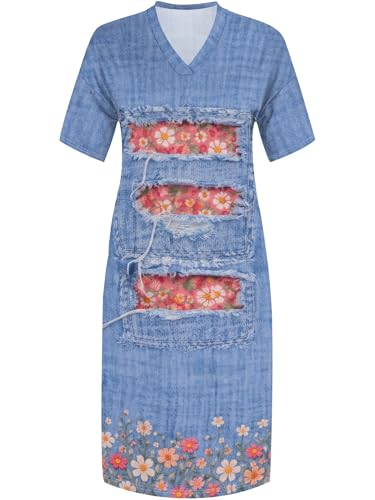 Image of SUZONANA Plus Size Denim Print Maxi Dresses for Women Casual V Neck Short Sleeve with Pockets Soft Jean Look Dress XL-6XL