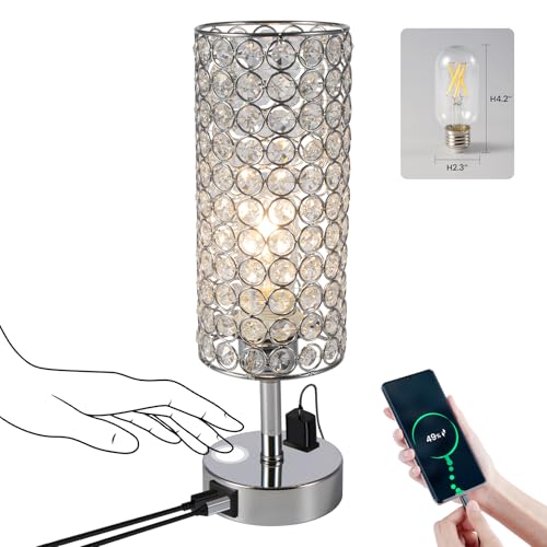 Wndtu Crystal Table Lamp Touch Table Light Chrome Dimmable USB