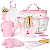 Kids Gardening Set, Garden Tools Kit for Kids and Toddler, Includes Rake, Two Shovels, Gloves, Watering Can, Apron, and Tote Bag, Outdoor Toys for Girl Boy, Pink