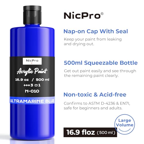 Image of Nicpro Ultramarine Blue Large Acrylic Paint (16.9oz, 500ml), Rich Pigments
