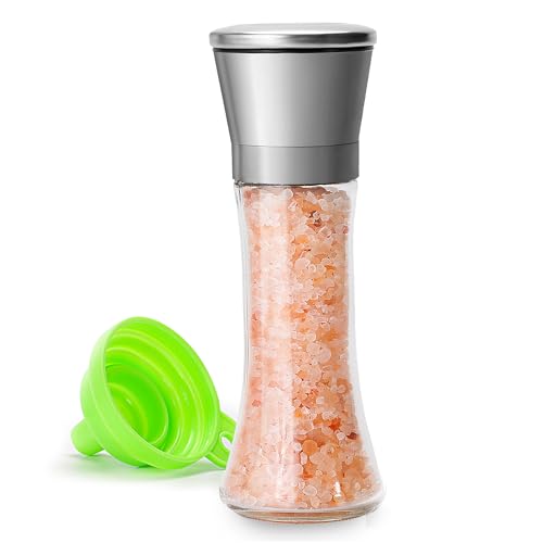 M JINEMEI Salt and Pepper Grinder Tall Size - Black Pepper, Herb Shakers Mill Refillable Manual - Stainless Steel Lid - Adjustable Coarseness - Glass Material- Fits in Home, Kitchen, Barbecue