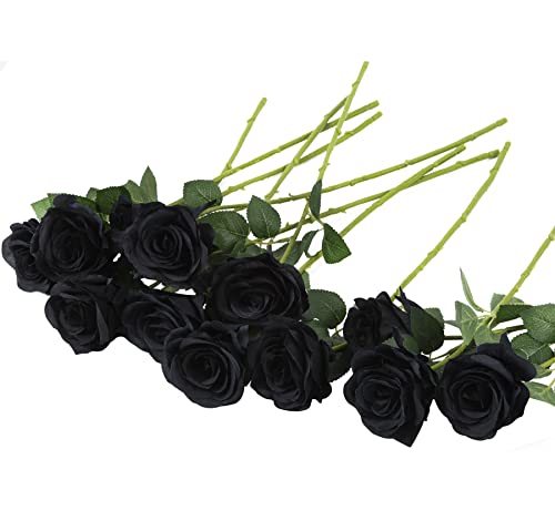 Hywean Homd 12 Piezas Rosas Falsas, Negras Rosas Artificiales de Tallo Largo Son Reales y Naturales,...