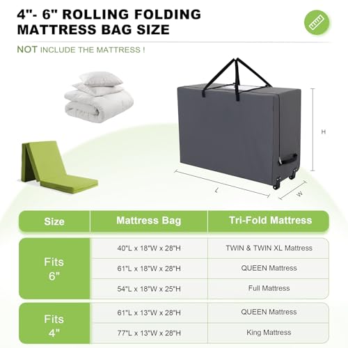 Cuddly Nest Folding Mattress Storage Bag with Wheels & Handles - 900D Heavy Duty Storage Container Fits for 6\" TWIN & TWIN XL Tri-Fold Mattress,Grey