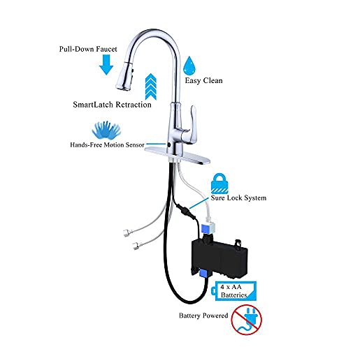 Touchless Kitchen Faucet With Pulldown Sprayer,20 Single Kitchen Sink Faucets Black Pull Out Sprayer,High Arc Pulldown Single Handle For Motion Sensor,1Handle 3 Hole Deck Mount (Chrome) #TOP4
