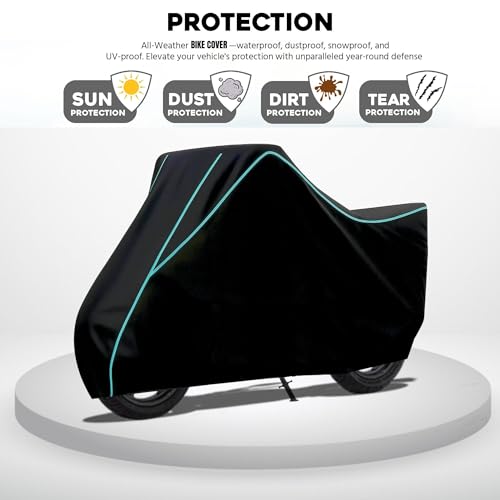Image of Elite Water Resistant Bike Cover for TVS Apache RTR 160 4V Rain, UV & Dust Protection, Universal Fit, All-Weather Water Resistant Two-Wheeler Cover, Keeps Bike Cool (Black with Aqua Piping)