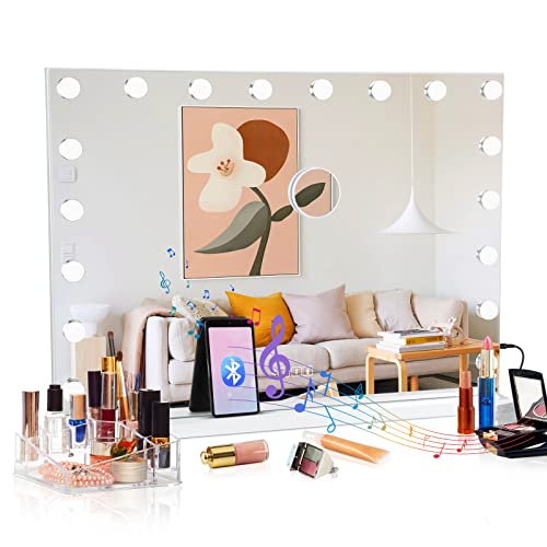 Large Hollywood Beauty Makeup Mirror With Bluetooth 18 Led Bulbs Large Lighting Cosmetic Vanity 3 Color Lighting Modes Makeup Mirror With Usb Charging Port, Touchscreen, Tabletop & Wall-Mounted #TOP29