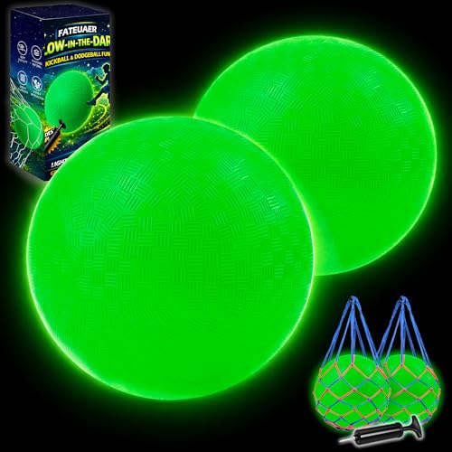 Glow in The Dark Ball 2 Pack 8.5 Inch Light Up Kickball Playground Ball with 2 Mesh Bags & Hand Pump No Battery Needed Charge by Sunlight or Indoor Light Green Luminous Rubber Bouncy Balls Gift Box