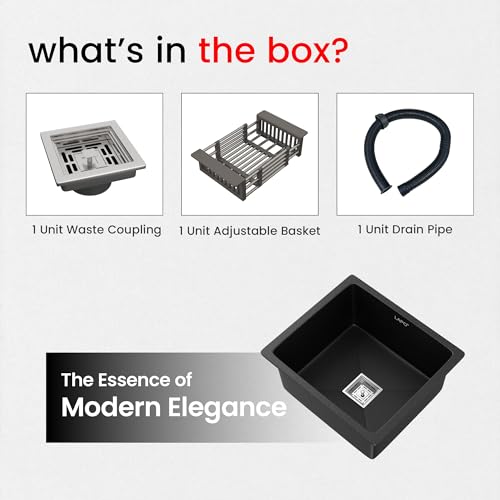 Image of LAPO Quartz Basin for Kitchen | 18x16 Inch UV Safe Surface | Single Bowl Basin with Integrated Tap Cut-Out | Supplied with Waste Pipe, Connector & Drain Strainer | 3 Year Warranty (Black Metallic)