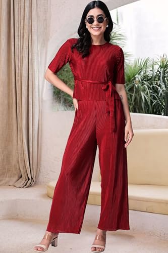 Image of POPWINGS Casual Solid Wrinkle Co-ord Set for Women Stylish Western Co-Ord Set for Women | Co-ord Set for Summer | Top and Palazzo Set for Women