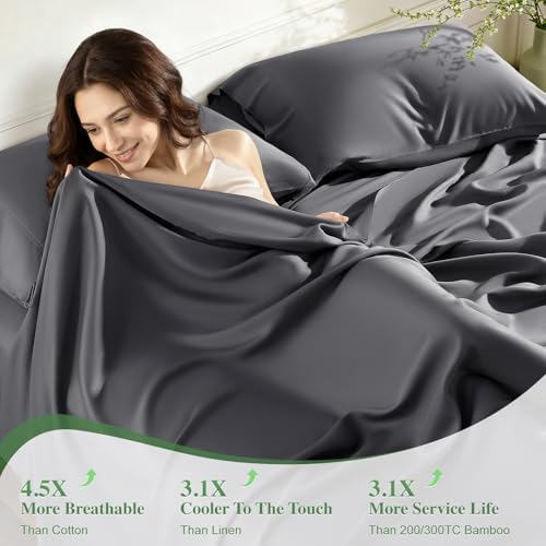 Image of 100% Viscose Derived from Bamboo Sheets King Size, Hotel Luxury Bed Sheets Set, Deep Pocket Up to 16 Inches, Ultra Soft Cooling Sheets 4pcs (Dark Grey)