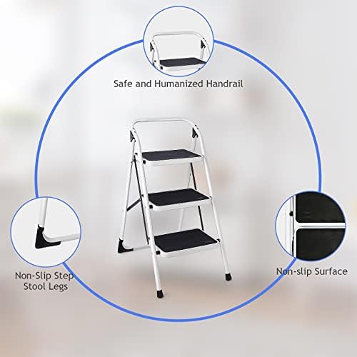 TANGZON Folding 3/4 Step Ladder, Steel Step Stool with Widen Anti-Slip Pedals, Reinforced Crossbar, Safety Handrail & Lock, 150kg Capacity Portable Tread Stepladder for Household Garage Shop(3 Step)