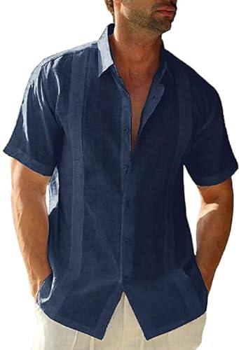 Glacspyg Camisa Lino Hombres Verano Manga Corta Guayabera Camisa Lino Trabajo Camisa Casual Ajuste Casual Vacaciones Azul Marino XXL