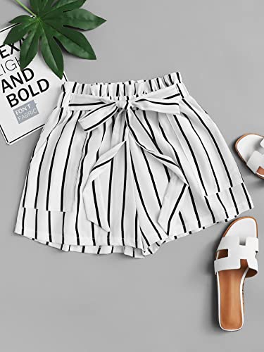 Milumia Women's Casual Striped Tie Paperbag Waist Wide Leg Belted Summer Shorts Black and White Medium