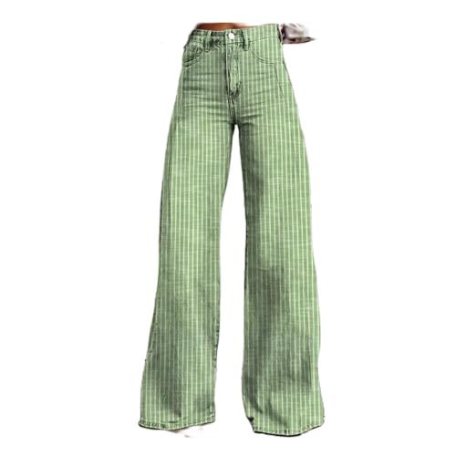 Women Y2K Striped Jeans Casual High Waist Button Flare Denim Pants Loose Fit Wide Leg Boyfriend Trousers with Pockets