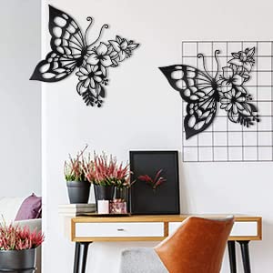 Image of 2pcs Butterfly Decoration Wall Art Boho Wall Home Decor Hanging Appearance Wall Decor Metal Hanging Butterfly Decor Flower Wall Art for Bedroom Living Room Home Wall,Black(Medium)
