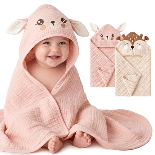 Image of Konssy 2-Pack Muslin Baby Hooded Towels, 100% Cotton, Soft and Absorbent Baby Bath Towels for Newborn, Infant & Toddler with Animal Hooded Design(Bunny & Deer)