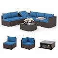HOMREST 7 Piece Patio Furniture Set with Adjustable Bracket All-Weather Wicker Conversation Set with Coffee Table for Porch Garden Backyard (Blue)