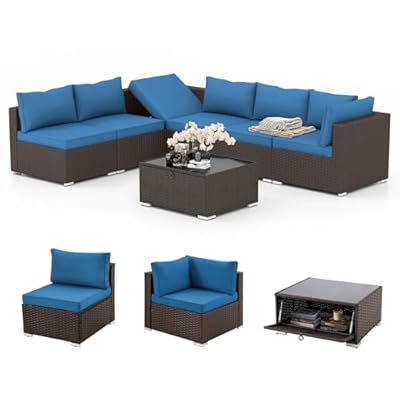 HOMREST 7 Piece Patio Furniture Set with Adjustable Bracket All-Weather Wicker Conversation Set with Coffee Table for Porch Garden Backyard (Blue)