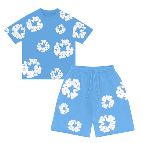 Jungen T-Shirt und Shorts Set 2 Teiliges Sommer Trainingsanzug Jogginganzug,Y2K Hip Hop Kurzarm T-Shirts und Hose, Unisex Sommer 2-Teilig Outfit Sportanzug, Denim T Jogginganzug Jungen mit Blumen