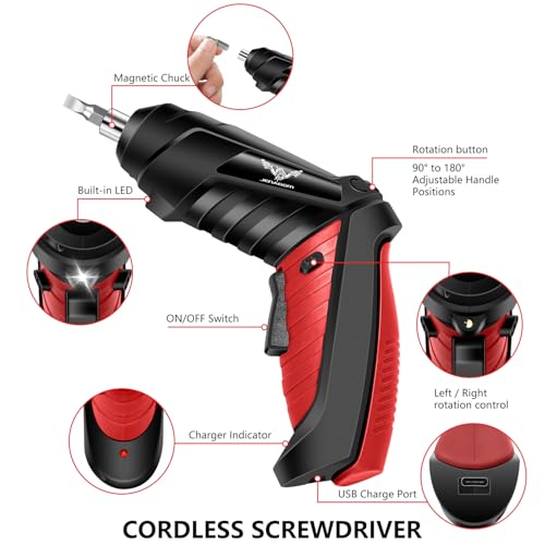 JENABOM 14 in 1 Electric Screwdriver Cordless 3.6V Small Power Drill Set 3Nm Max Torque Rotatable Electric Screwdriver with LED Light Home Improvement & Furniture Assembly (Red) thumbnail 3
