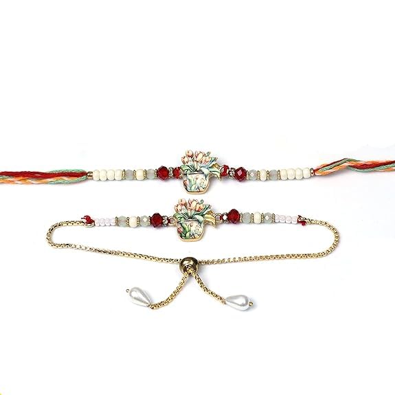Image of Oblivion Rakhi Set for Brother and Bhabhi - Peacock with Feather Gift for Bhai & Lumba for Bhabhi with Silver Colour Coin and Greeting Card - Raksha Bandhan Combo