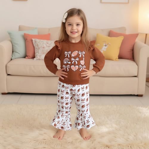 Toddler Little Girl Football Outfit Rugby Bow Ruffle Long Sleeve Sweatshirt Pullover Top Flare Pants Set 2-6T Clothes4