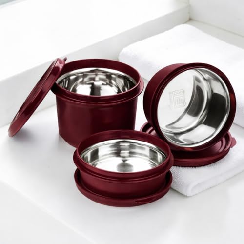 Image of PRESCO Stainless Steel Teso Container Set | Microwave Safe and Dishwasher Safe Food Storage Bowls with Airtight Lids | Leak-Resistant Lunch Bowls (Set of 3) (Mehroon)