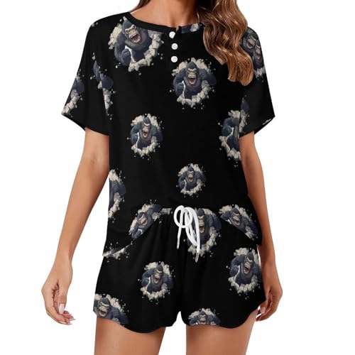 Image of Angry Gorilla Short Sleeve Pajama Set for Women 2 Piece Lounge Sets Soft Round Neck Top And Shorts Sleepwear M