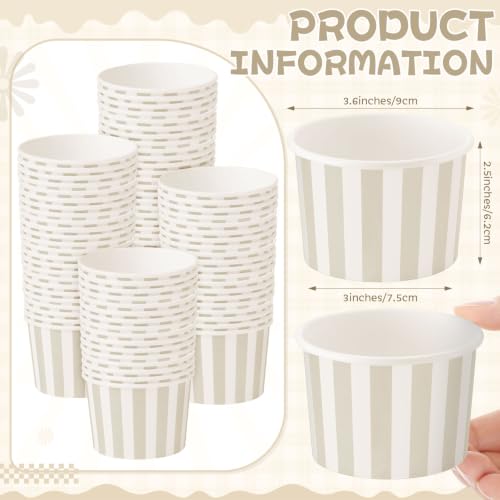Image of Zopeal 50 Count Beige Striped Ice Cream Cups Disposable Dessert Bowls | 9 oz Paper Ice Cream Bowls, Birthday Party Supplies, Snack Cups Sundae Picnic Yogurt Bowls for Food