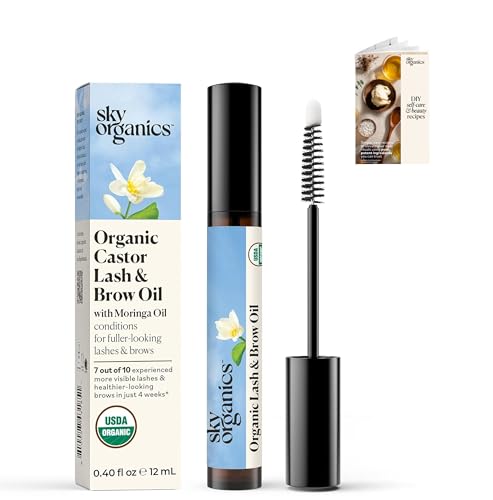 Image of Sky Organics - Organic Lash & Brow & Applicator - Eyelash Serum - Castor Oil Organic - Moringa, Vitamin E - Lashes, Eyebrows - Self Care, Beauty - Gifts for Women - .4 fl oz, 12mL with ebook