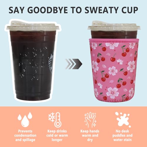 Image of 3 Pack Reusable Iced Coffee Sleeves - Xumbtvs Insulator Sleeve for Cold Beverages, Neoprene Coffee Cup Holder (Cherry blossom)