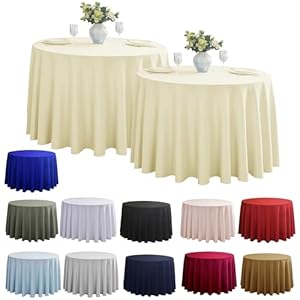2-Pack Round 108-inch Beige Table Cloths, Solid Stain and Wrinkle Resistant Circular Tablecloth, Premium Plain Weave Polyester Fabric Table Linen Covers for Hotel, Banquet