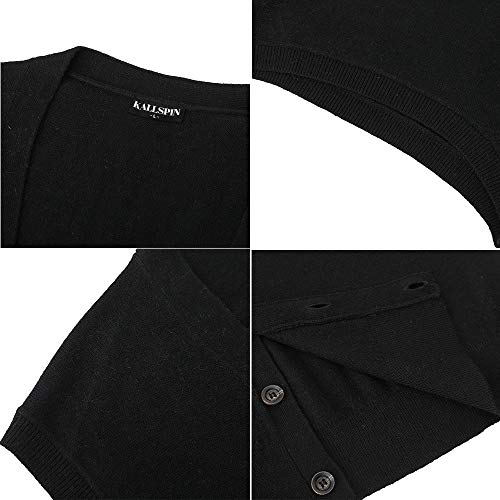 Kallspin Men's Cashmere Wool Blended Sweater Vest Cable Knit Relaxed Fit V Neck Sleeveless Knitted Button Cardigan(Black,X-Large) #TOP6