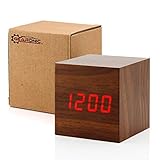 GEARONIC TM Wooden Alarm Clock, LED Square Cube Digital Alarm Thermometer Timer Calendar Updated 2018 Brighter LED - Brown