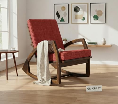Image of Solid Sheesham Wood Rocking Chair for Living Room - Upholstered Relaxing Chair - Wooden Rocking Chair for Adults for Home Outdoor Indoor (Walnut, Elian)