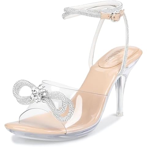 NBUUNBU Clear Heels With Rhinestone Bow Strappy Sandals For Women Ankle Strap Butterfly Transparent Platform High Heel Sexy Slingback Kitten Stiletto Comfortable Wedding Shoes Pump Mules Cover