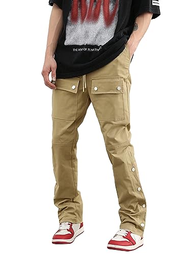 WDIRARA Men's Drawstring Waist Button Side Streetwear Long Cargo Pants with Pockets