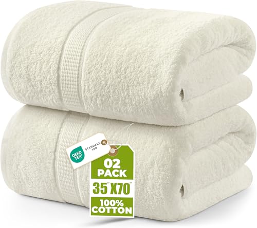 Image of Utopia Towels Jumbo Bath Sheets, 2 Pack, 35x70 in, 600 GSM Cotton, Ivory | Extra Large Ring Spun Cotton Bath Sheets - Soft, Plush, Quick-Drying, Highly Absorbent, Great for Everyday Use