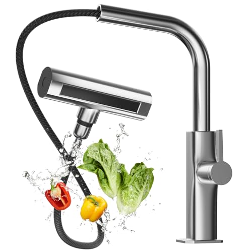 Mezcladora para Fregadero de Cocina, Llave para Fregadero de Acero Inoxidable, Grifos de Cocina con 4 Modos de Agua, Extraíble y Giratorio 360°, Caliente y Frío Ajustable...