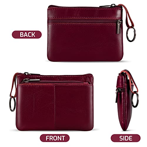 Genuine Leather Coin Purse Pouch Triple Zipper Card Holder Wallet With Key Ring,Wine Red #TOP1