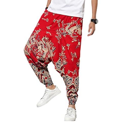 Eermoss Men Harem Pants Drop Crotch Pockets Joggers Printed Casual Trousers Loose Hip Hop Baggy Wide Leg Pants Red Cover