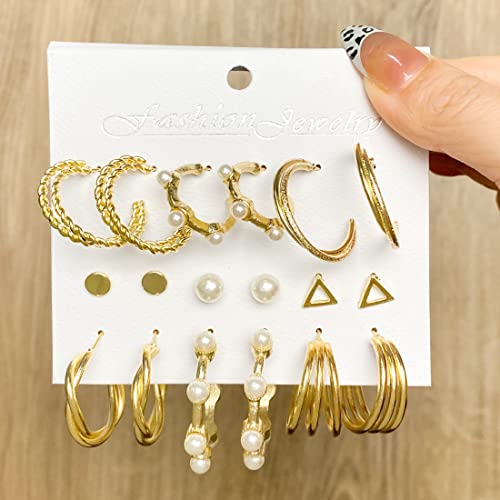 44 Pairs Gold Hoop Earrings For Girls Women, Chunky Twisted Small Big Hoops Link Chain Pearl Earring Packs Set, Multipack Bling Fashion Trendy Earrings Jewelry For Birthday Party Valentine's Day Gift #TOP5